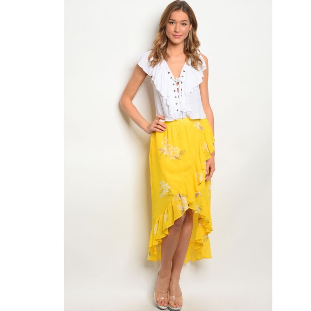 Yellow Floral High Low Ruffle Skirt - Picture 2 of 6